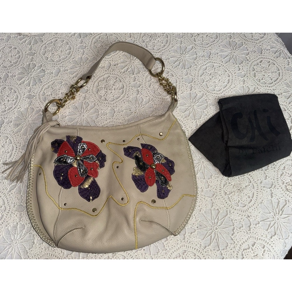 Vtg NEW Chi by Falchi Floral Leather Pebbled Shoulder Handbag SnakeSkin‎ Cream